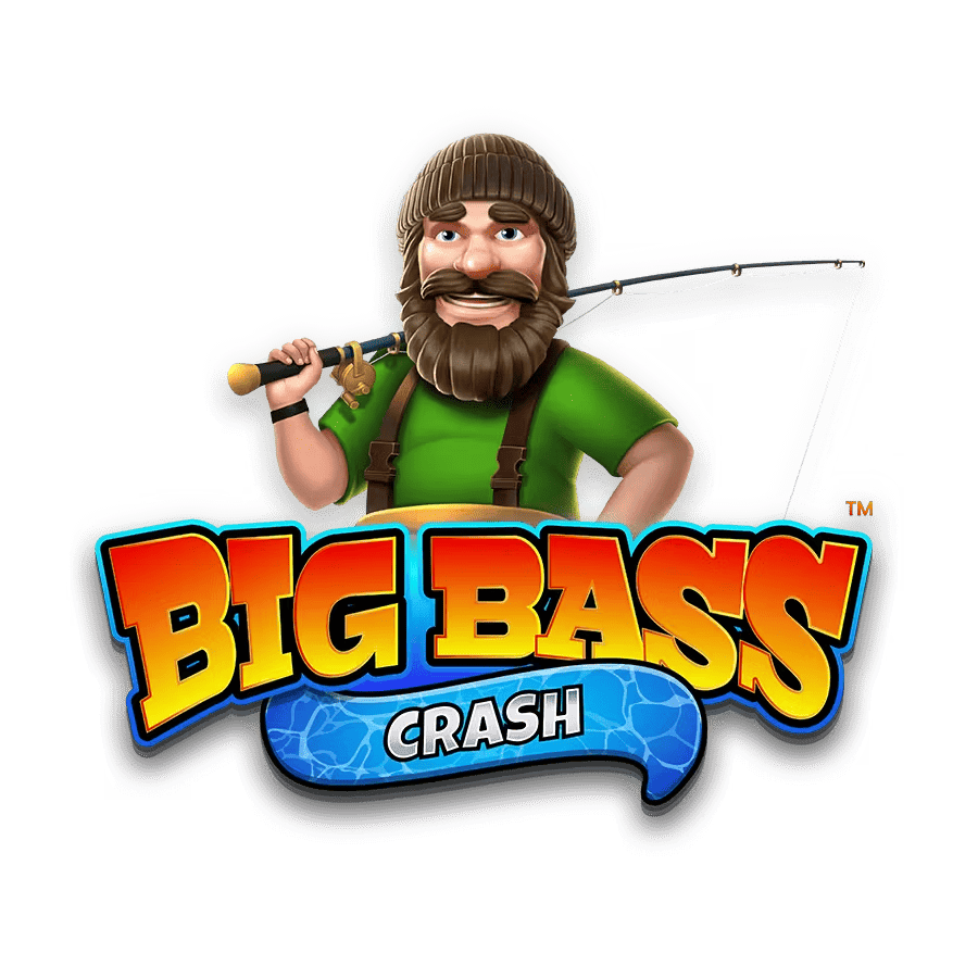 Big Bass Crash fisherman holding a rod beside the game logo