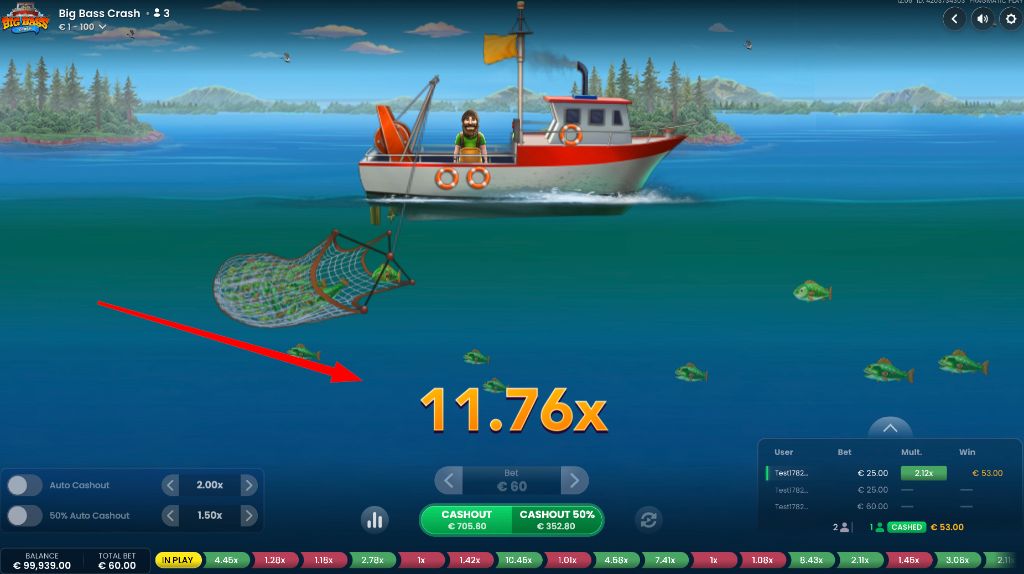 Big Bass Crash round climbing to 11.76x with a cashed-out winner shown