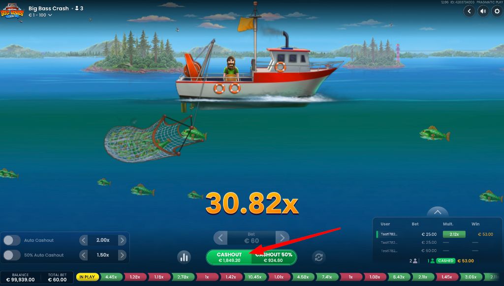 Big Bass Crash demo showing a 30.82x multiplier and a winning cash-out