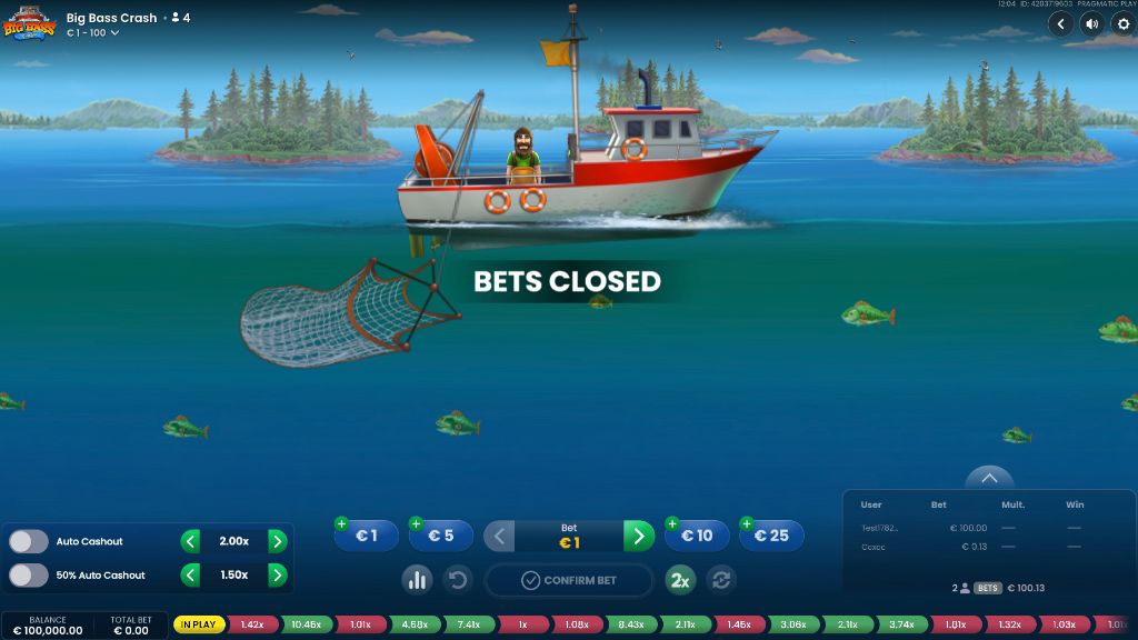 Big Bass Crash interface with Bets Closed prompt and chip tray