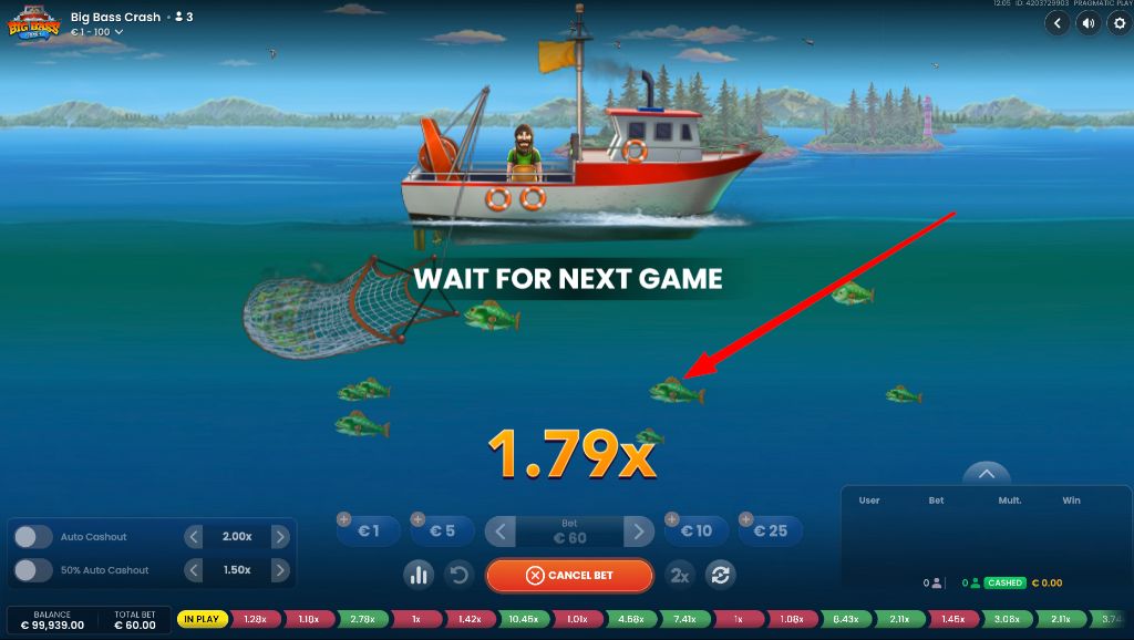 Big Bass Crash real-money round with a 1.79x multiplier rising